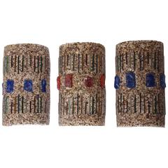 1960s Lot of Three Concrete and Colored Glass Wall Lights