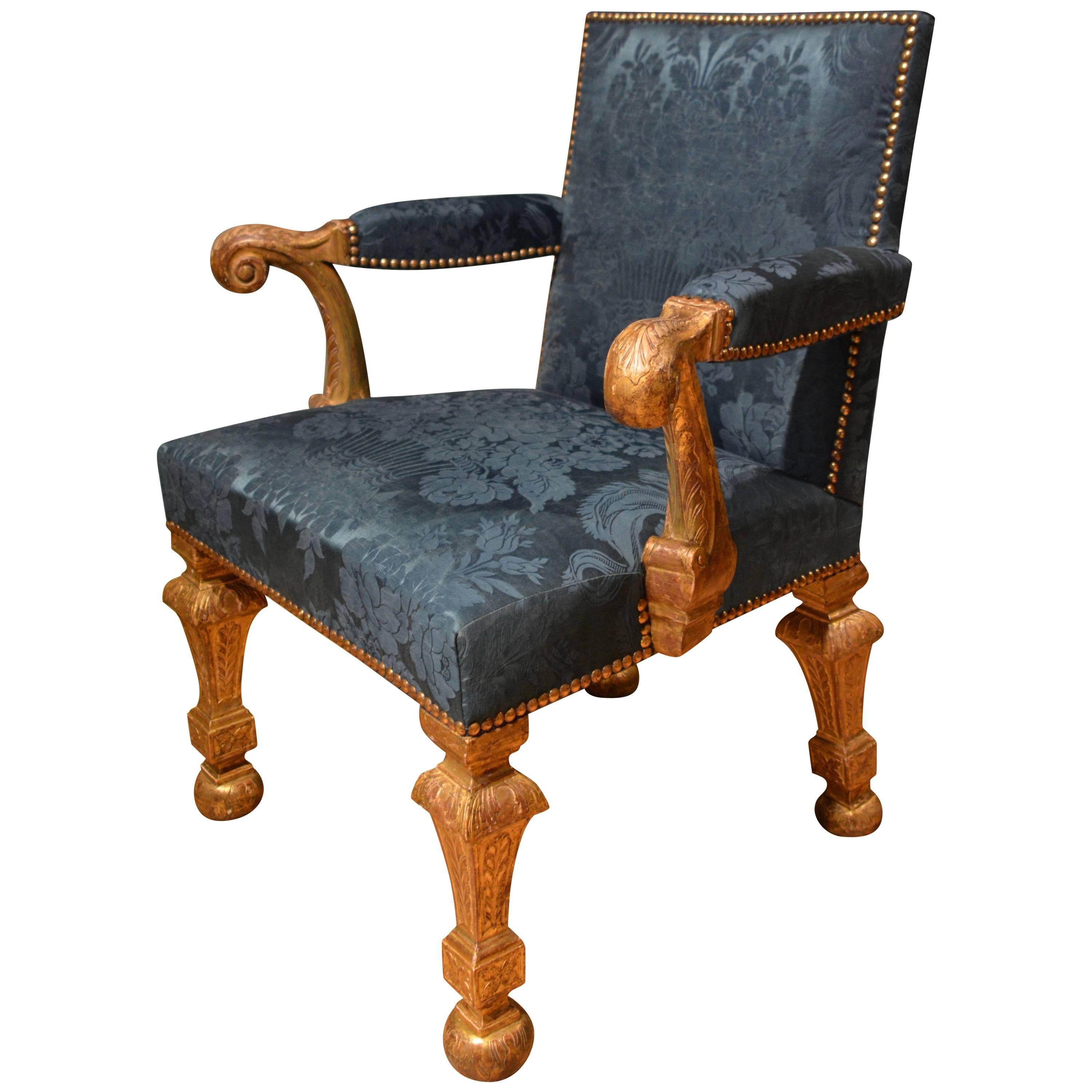 18th Century Gilt Armchair upholstered in blue silk damask For Sale