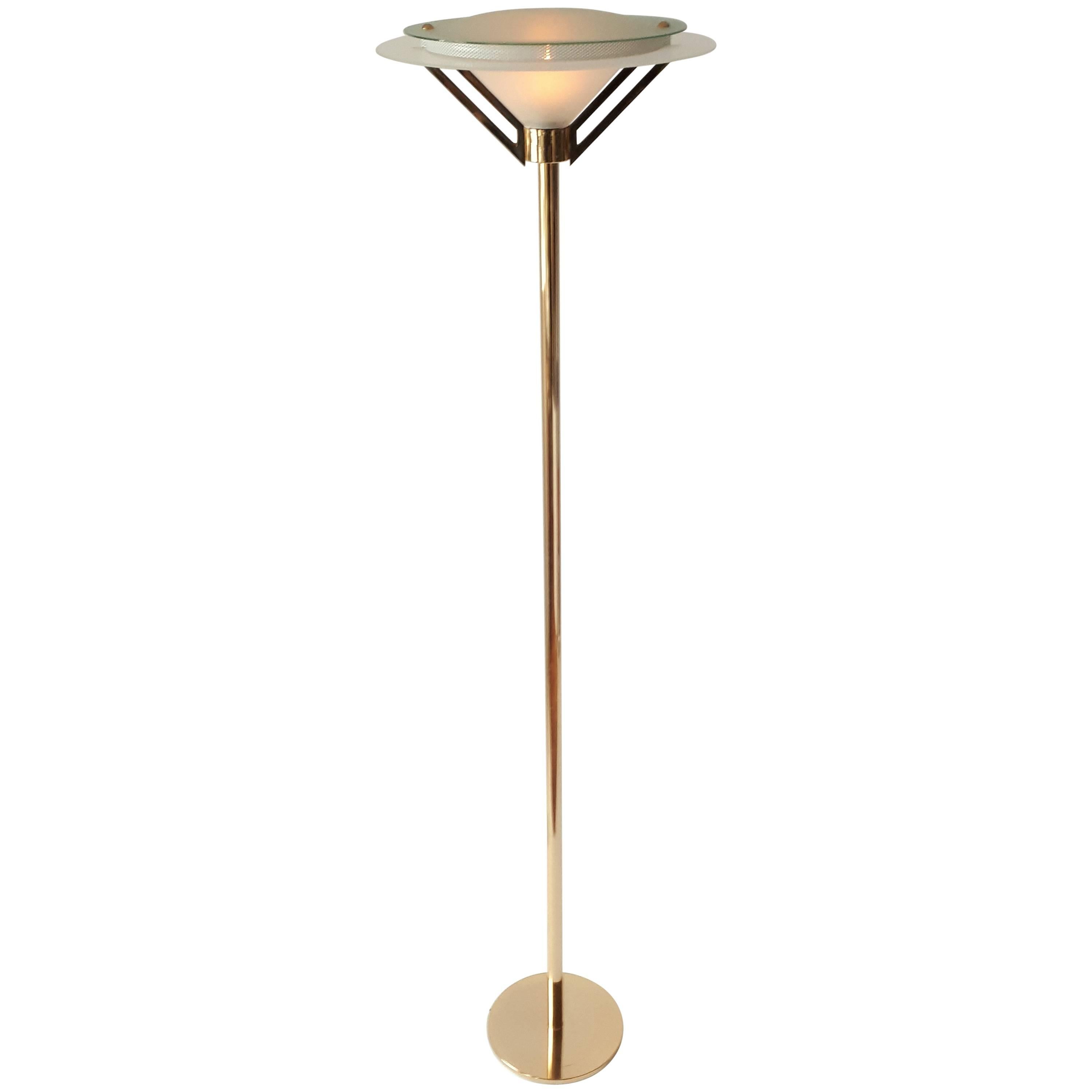 Art Deco Style Gold-Plated & Glass Torchiere Floor Lamp, 1980s , Italia For Sale