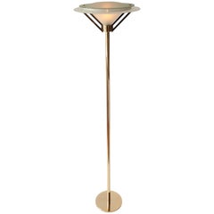 Art Deco Style Gold-Plated & Glass Torchiere Floor Lamp, 1980s , Italia