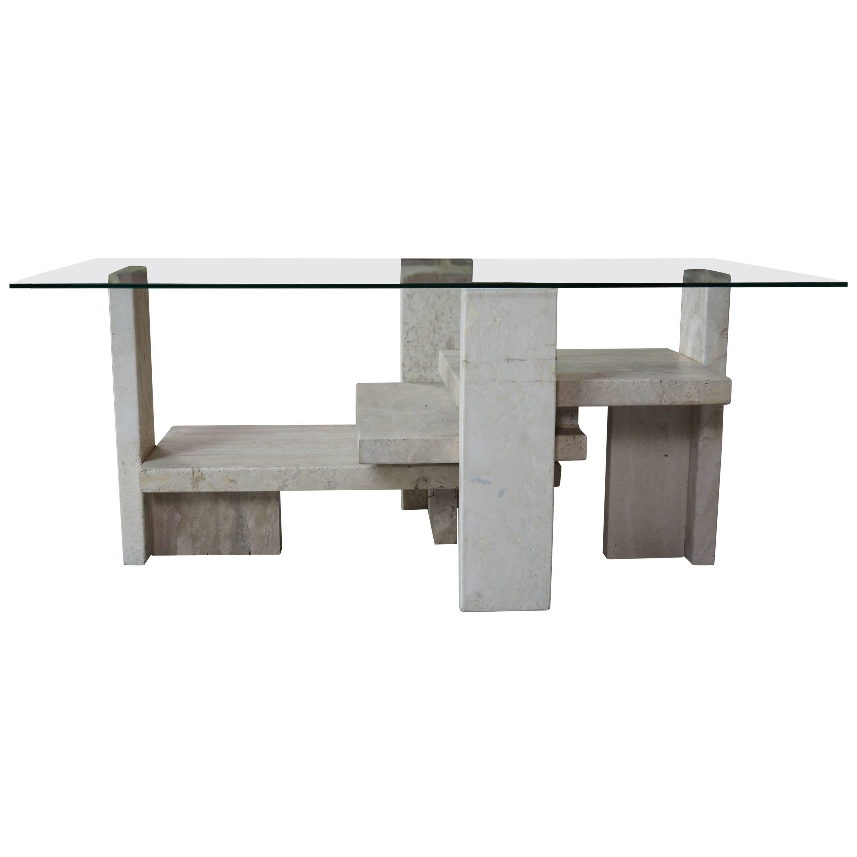 Design Coffee Table in Travertine and Glass by Willy Ballez