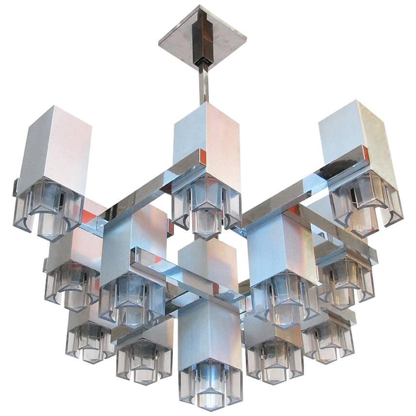 1970s Cubic Chandelier in Brushed Steel by Gaetano Sciolari For Sale