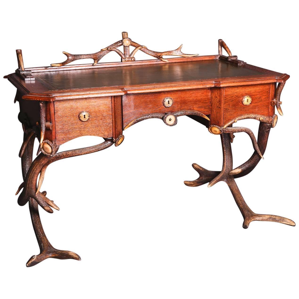 Mid-19th Century Historicism Style Antler Desk with Leather Plate