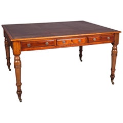 antique english writing desk 19th Century Victorian English Partner Desk Column Shaped Legs Writing Table