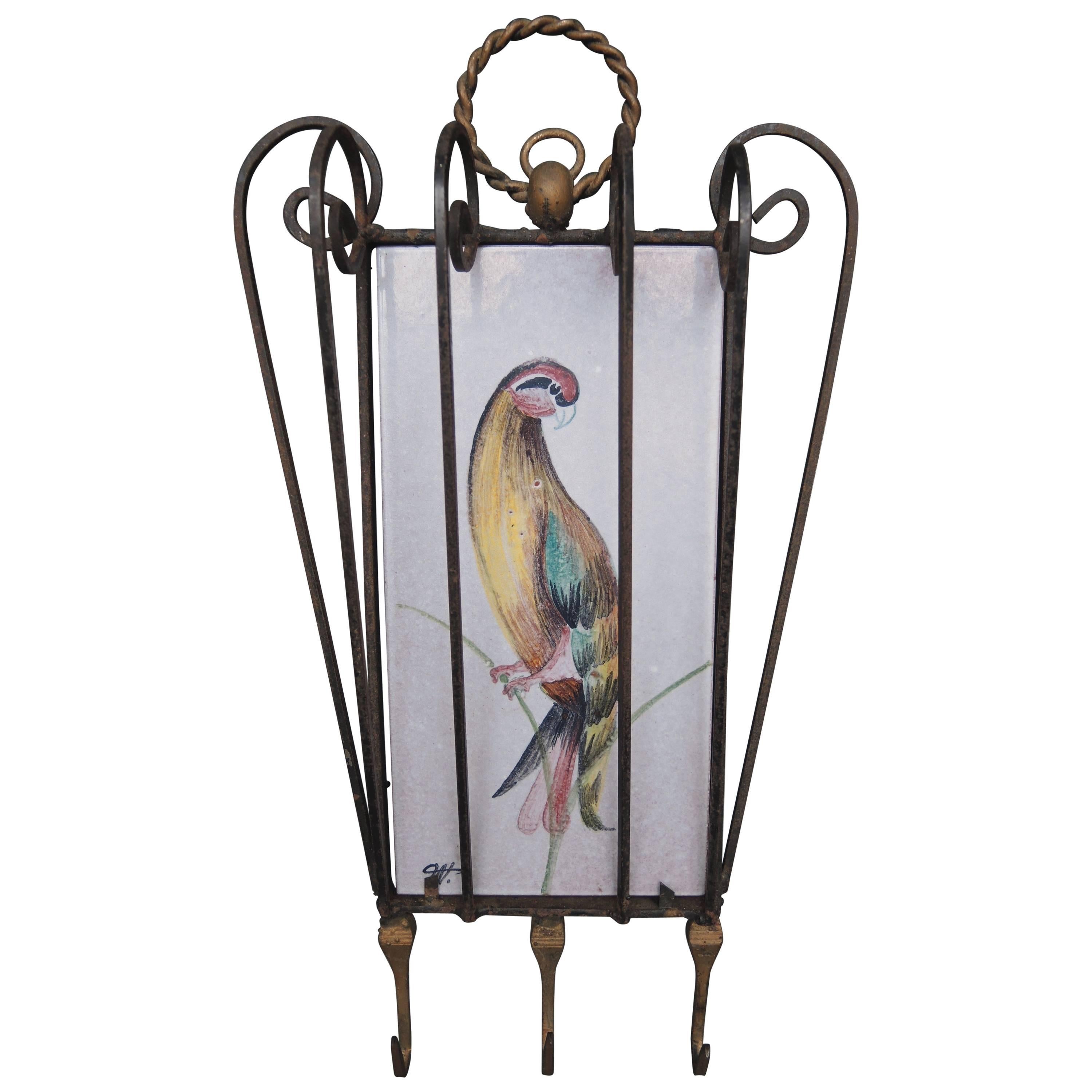 Wrought Iron Hooks Inset with Hand-Painted Belgian Tile with a Parrot For Sale