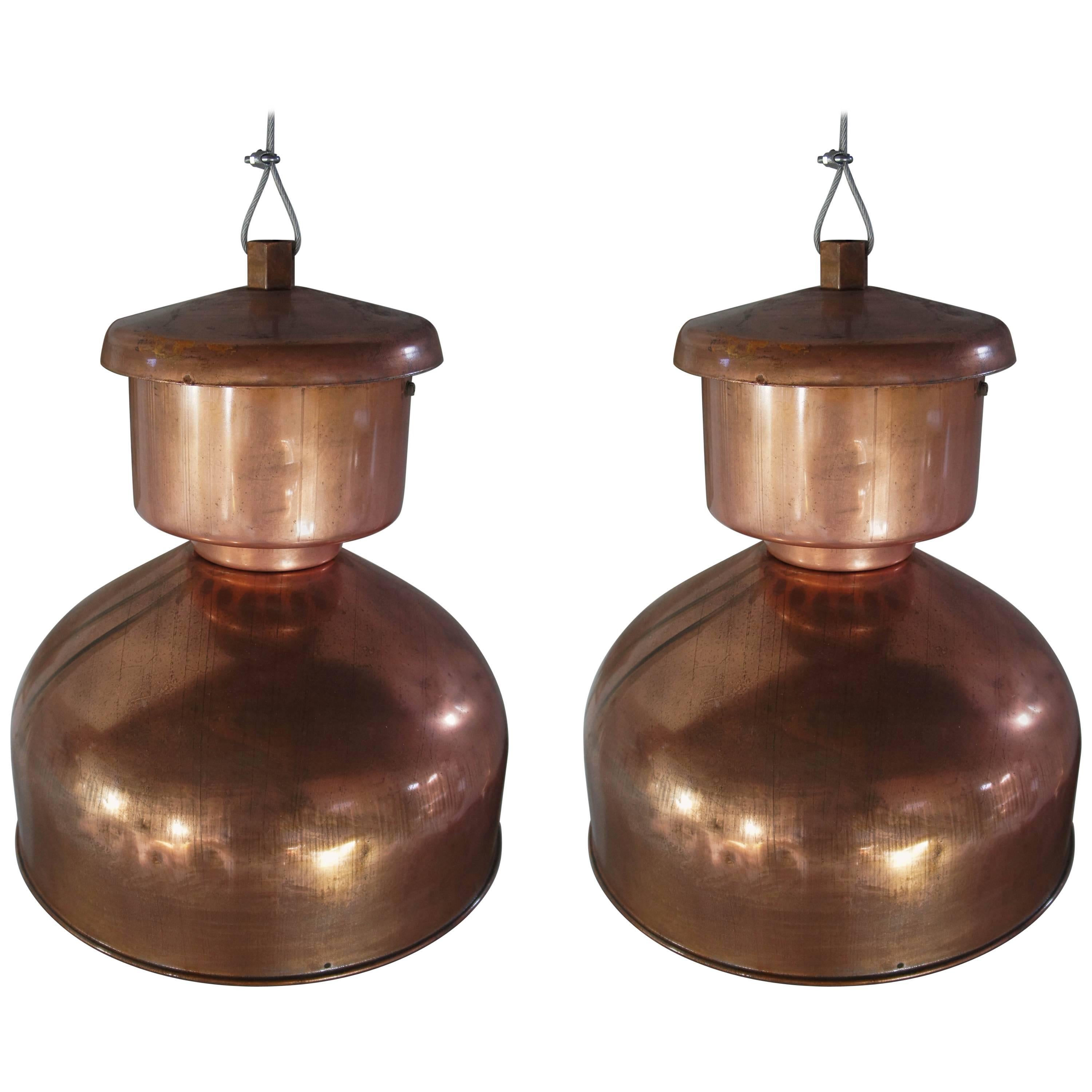 Pair of Large Copper Industrial Pendant Lights