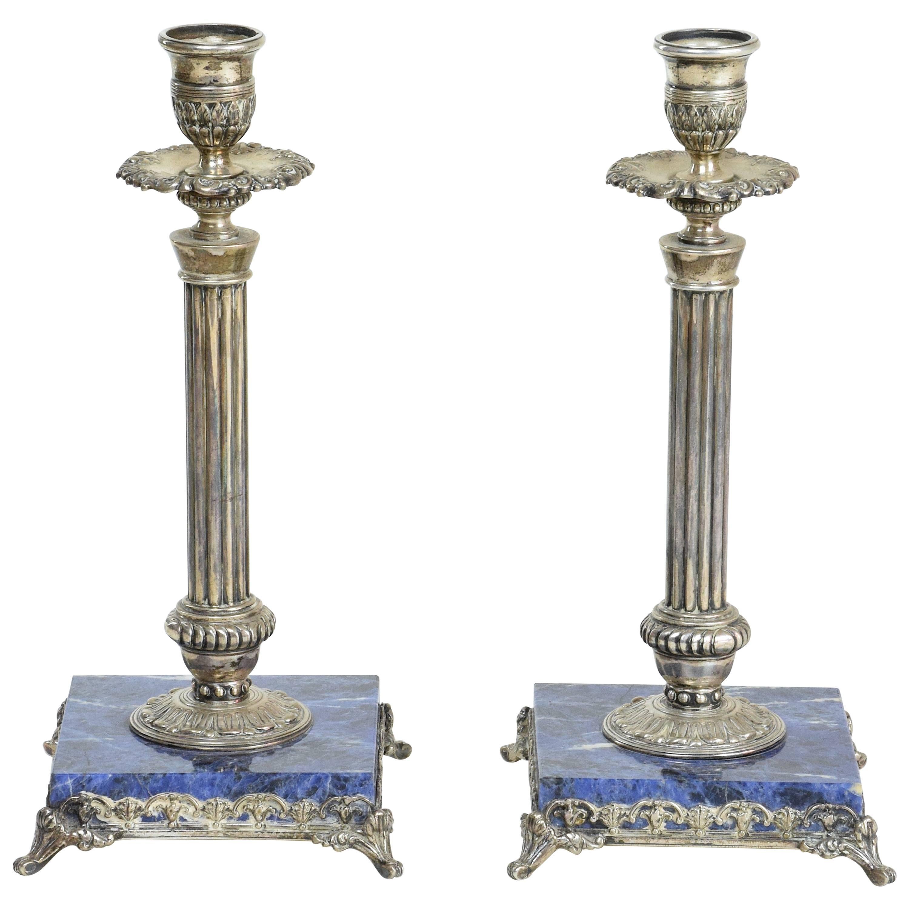 Antique 19th Century Pair of Italian Lapis Lazuli Candlesticks