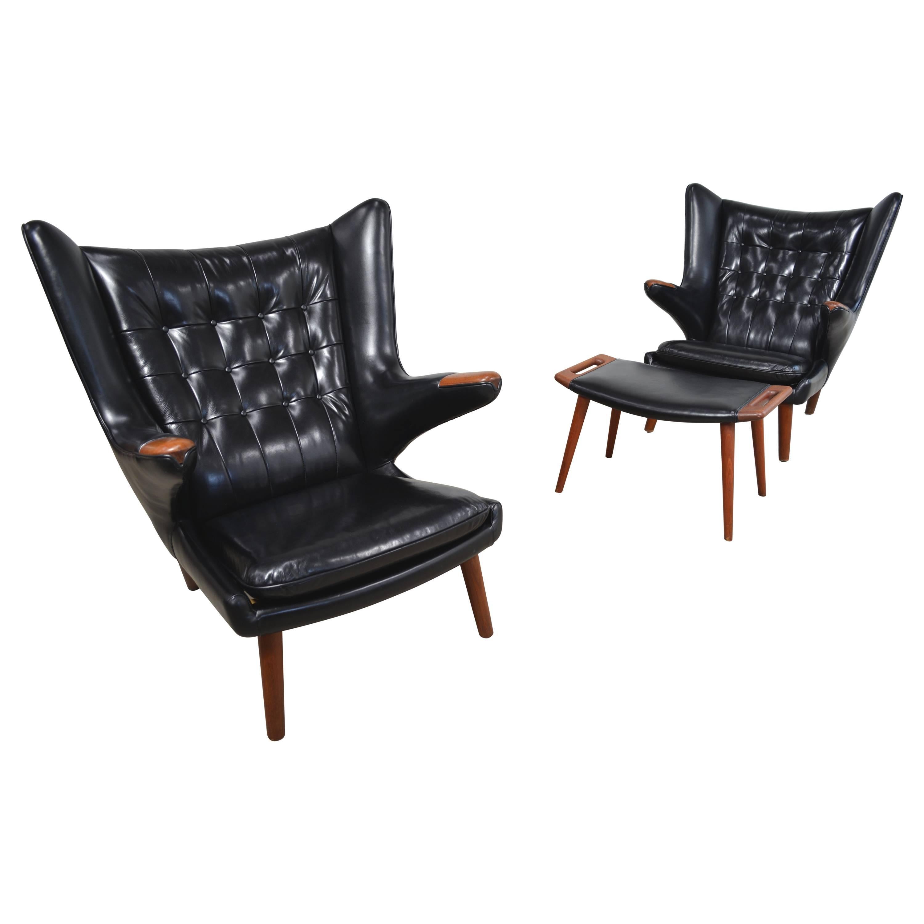 Hans Wegner Pair of Papa Bear Chairs and Ottoman in Black Leather For Sale