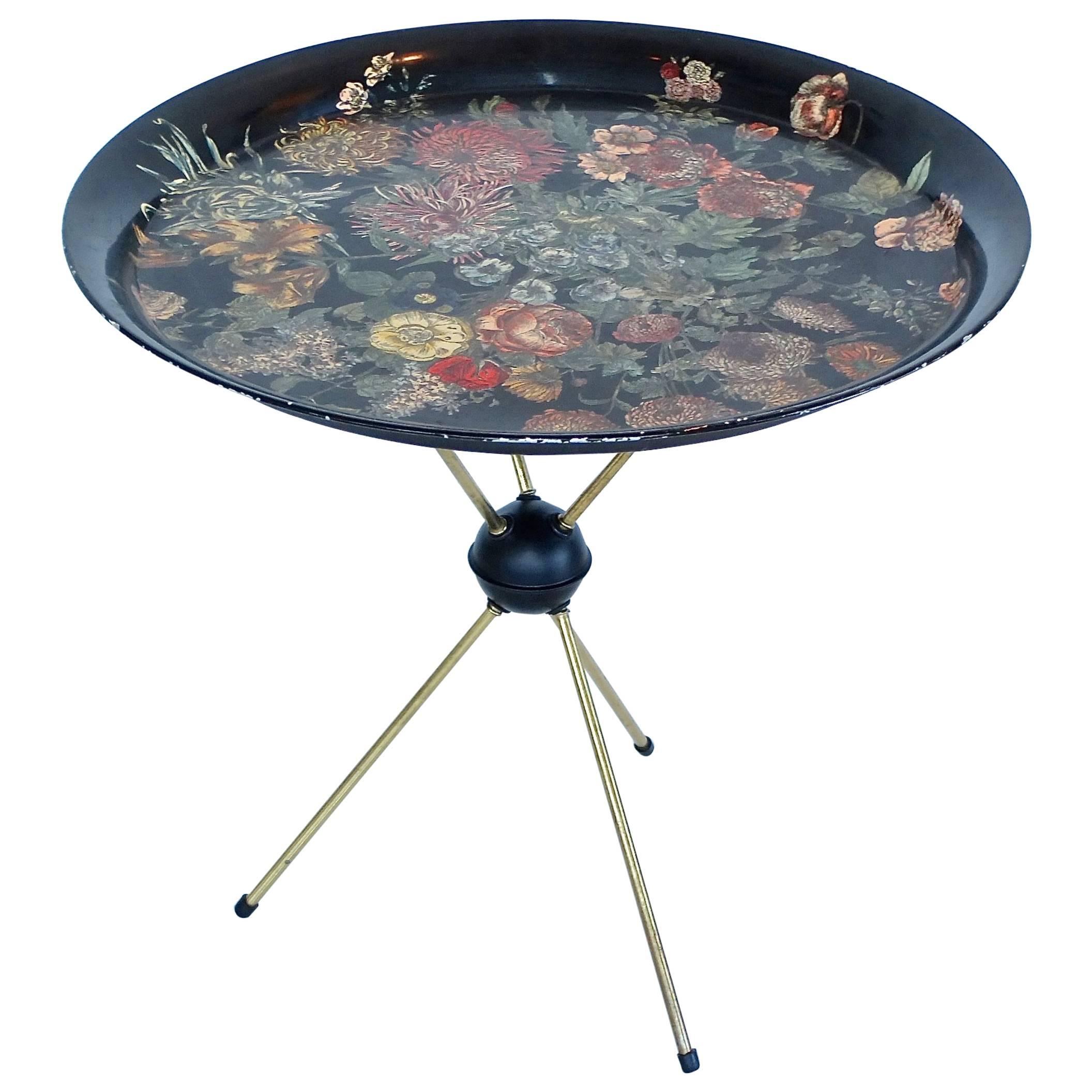 Pietro Fornasetti "Fiori" Round Tole Tray on Tripod Table