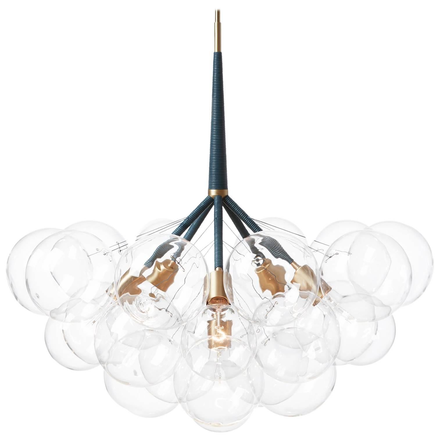 Jumbo 29 Bubble Chandelier in Iris Blue Leather and Satin Brass by Pelle
