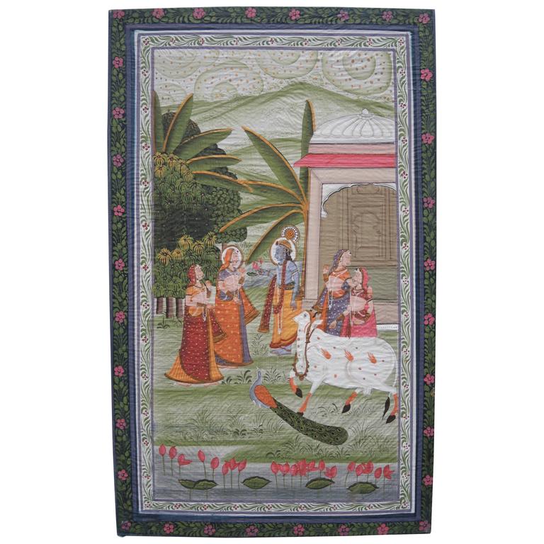 Fine Vintage Indian Painting on Silk For Sale at 1stdibs