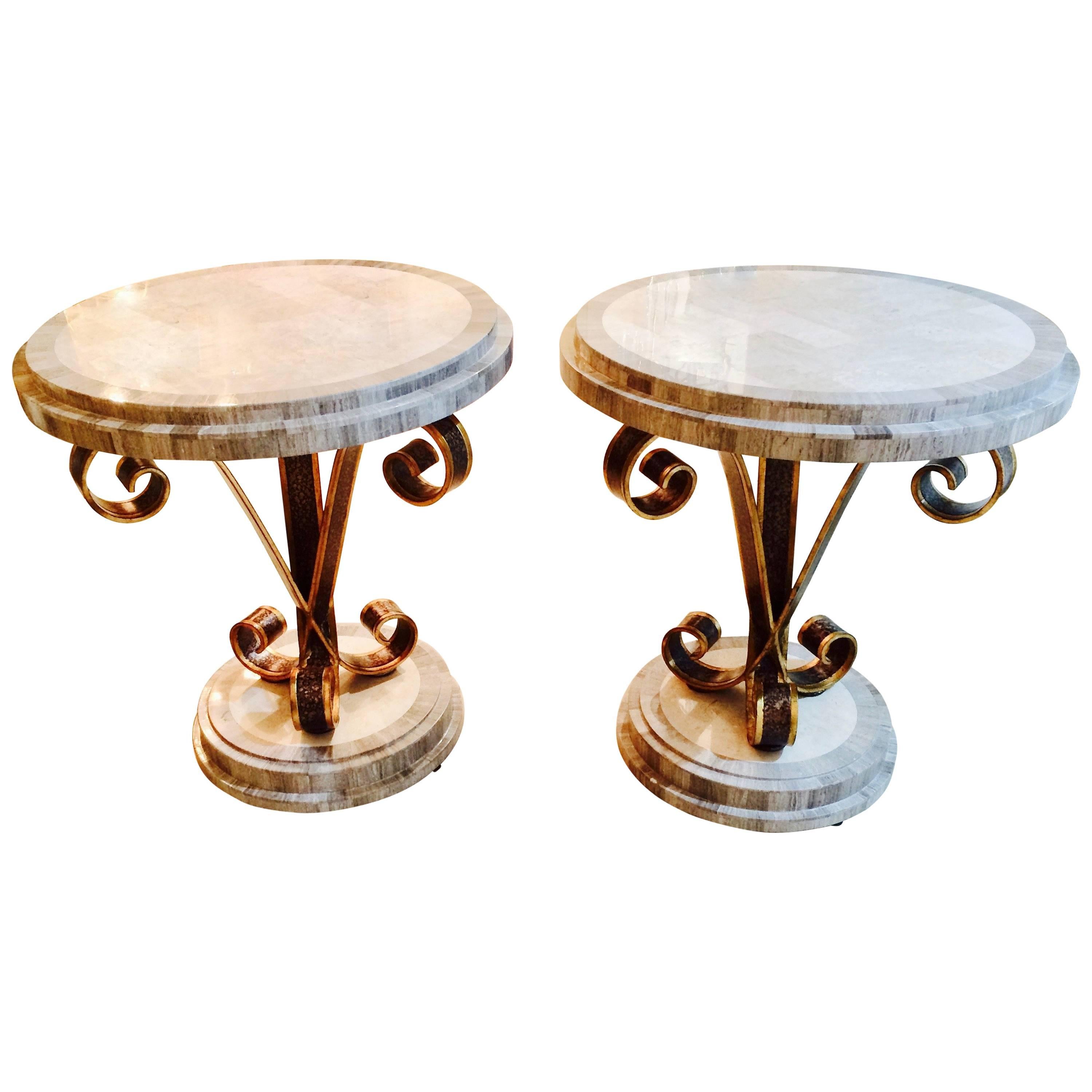 Pair of 1950s Side Tables in Wrought Iron and Marble