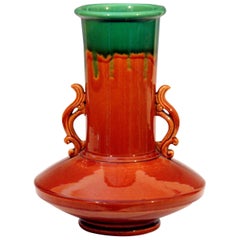 Awaji Pottery Art Deco Flambe Vase with Flame Handles