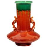 Awaji Pottery Art Deco Flambe Vase with Flame Handles