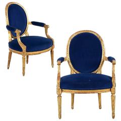 18th Century Louis XVI Period Pair of Giltwood Fauteuils