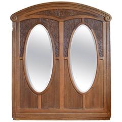 Antique Early 20th Century Carved Oak Frame with Bevelled Glass Mirrors