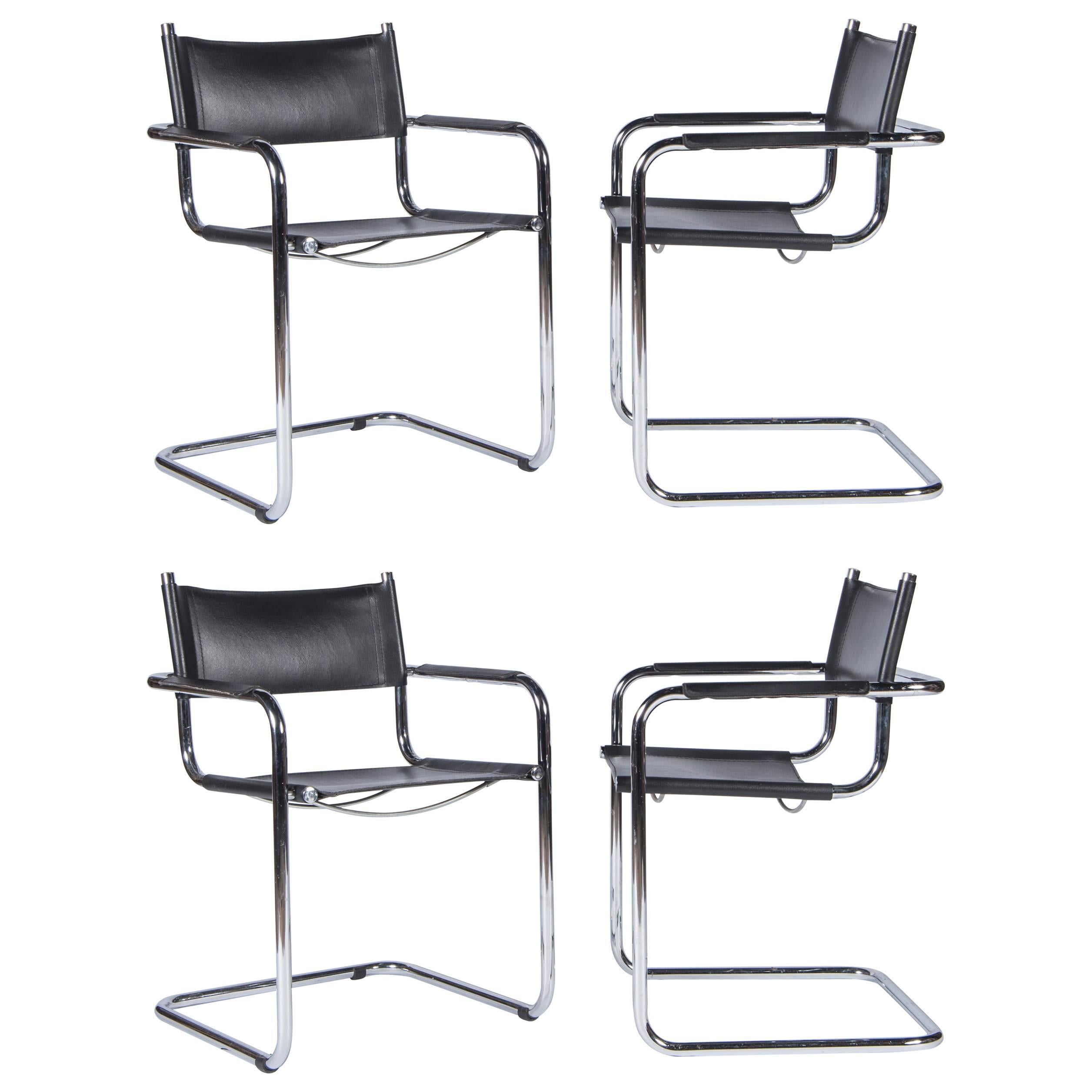 1920 Cantilevered Chrome Armchairs with black leather sling seat 