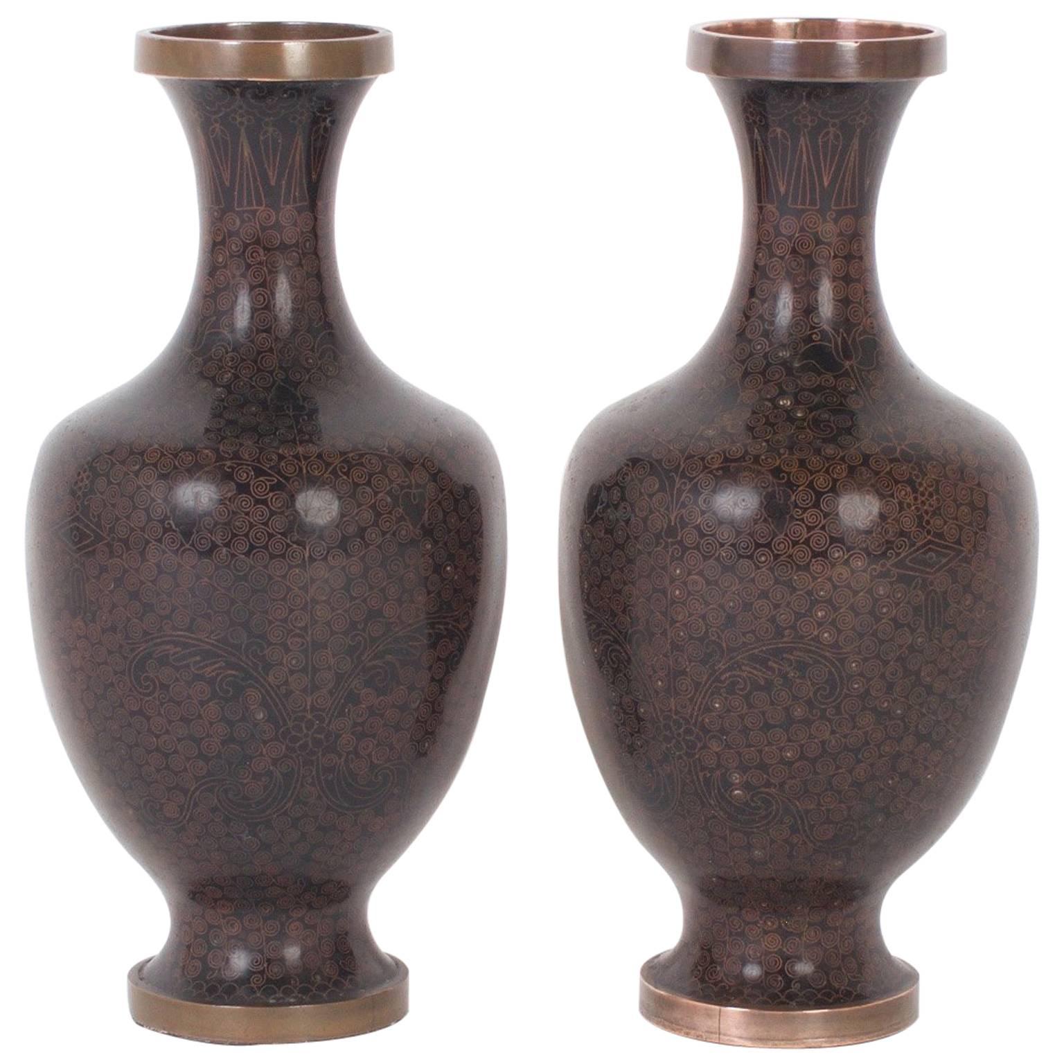 Handsome Pair of Vintage Chinese Cloisonné Vases