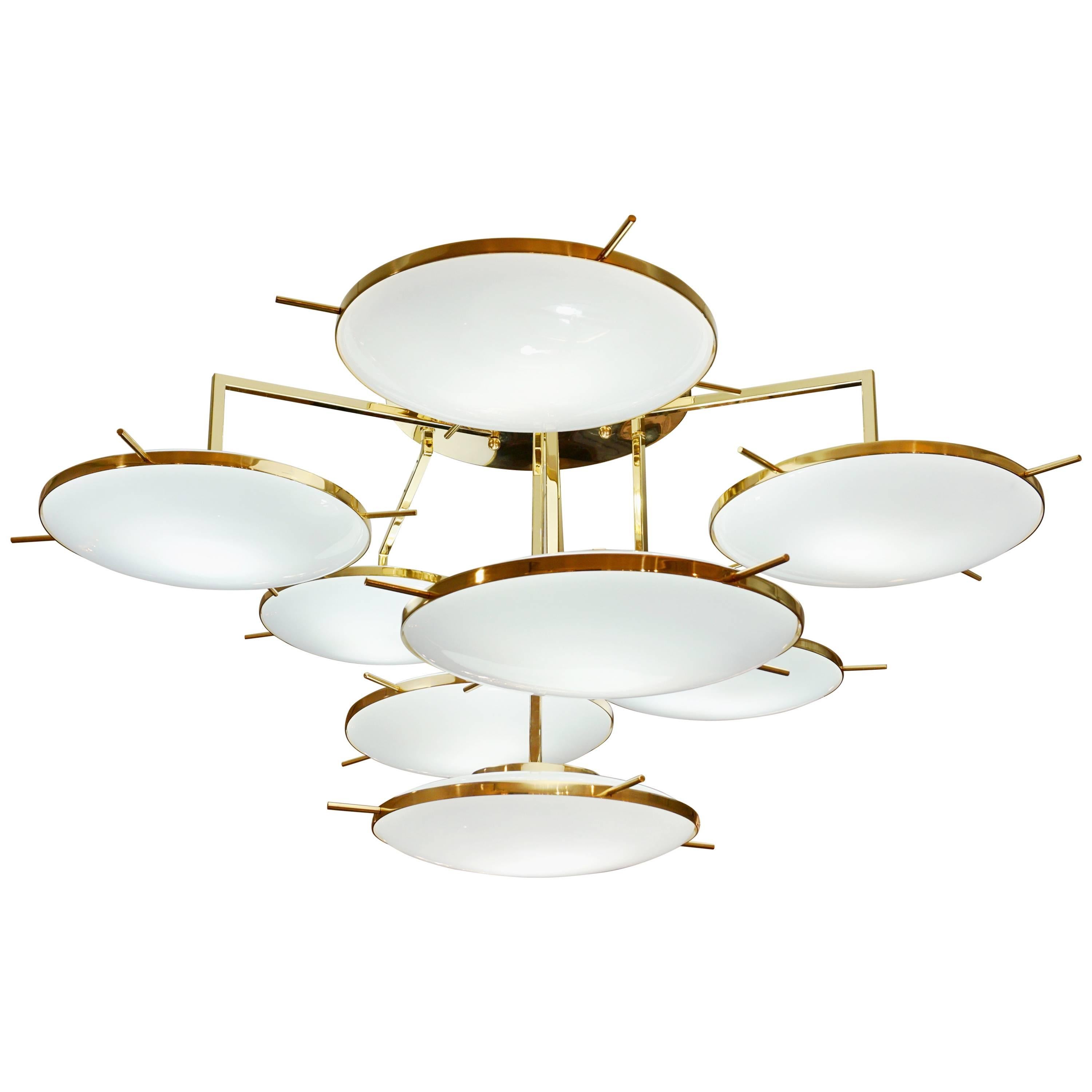 Italian Contemporary Multi Level Brass and White Murano Glass Disk Chandelier In Excellent Condition In New York, NY