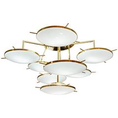 Italian Contemporary Multi Level Brass and White Murano Glass Disk Chandelier