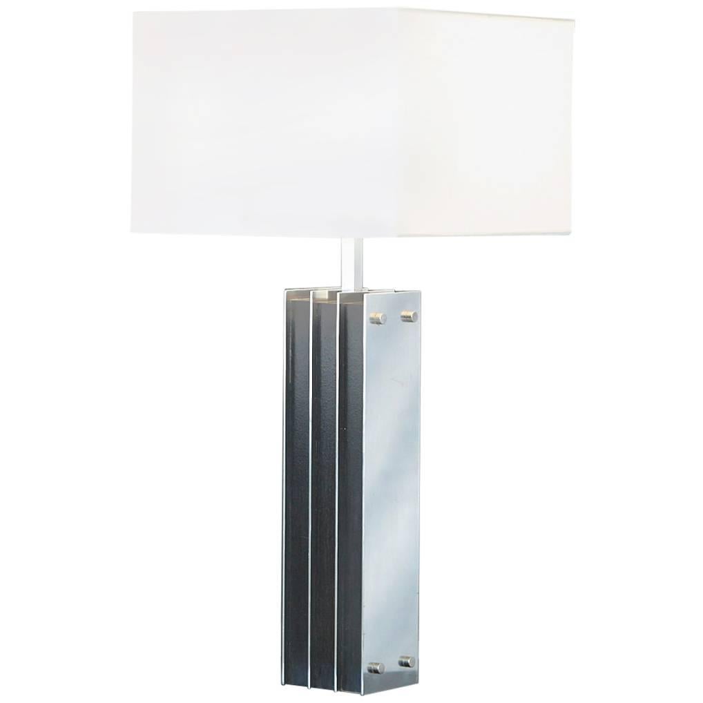 Polished Aluminum and Black Wood Tall Table Lamp