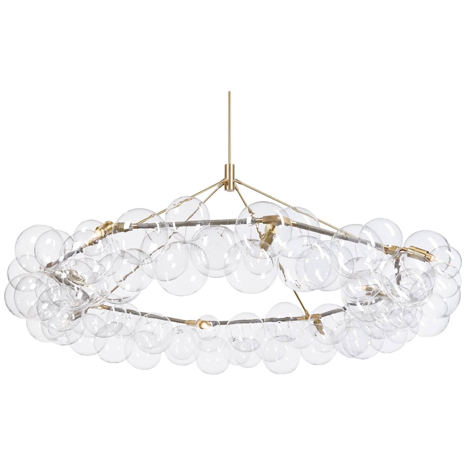 Wreath Bubble Chandelier in Grey Leather and Satin Brass by Pelle