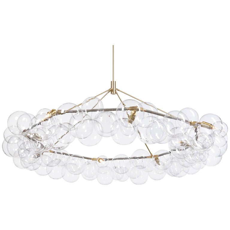 Wreath Bubble Chandelier in Grey Leather and Satin Brass by Pelle For Sale