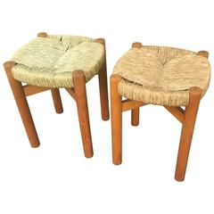 Charlotte Perriand Rare Pair of Ash Tree and Rush Stools, Model "Meribel" 11