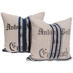 Custom Pair of Pillows Cut from Antique German Hand Loomed Grain Sacks