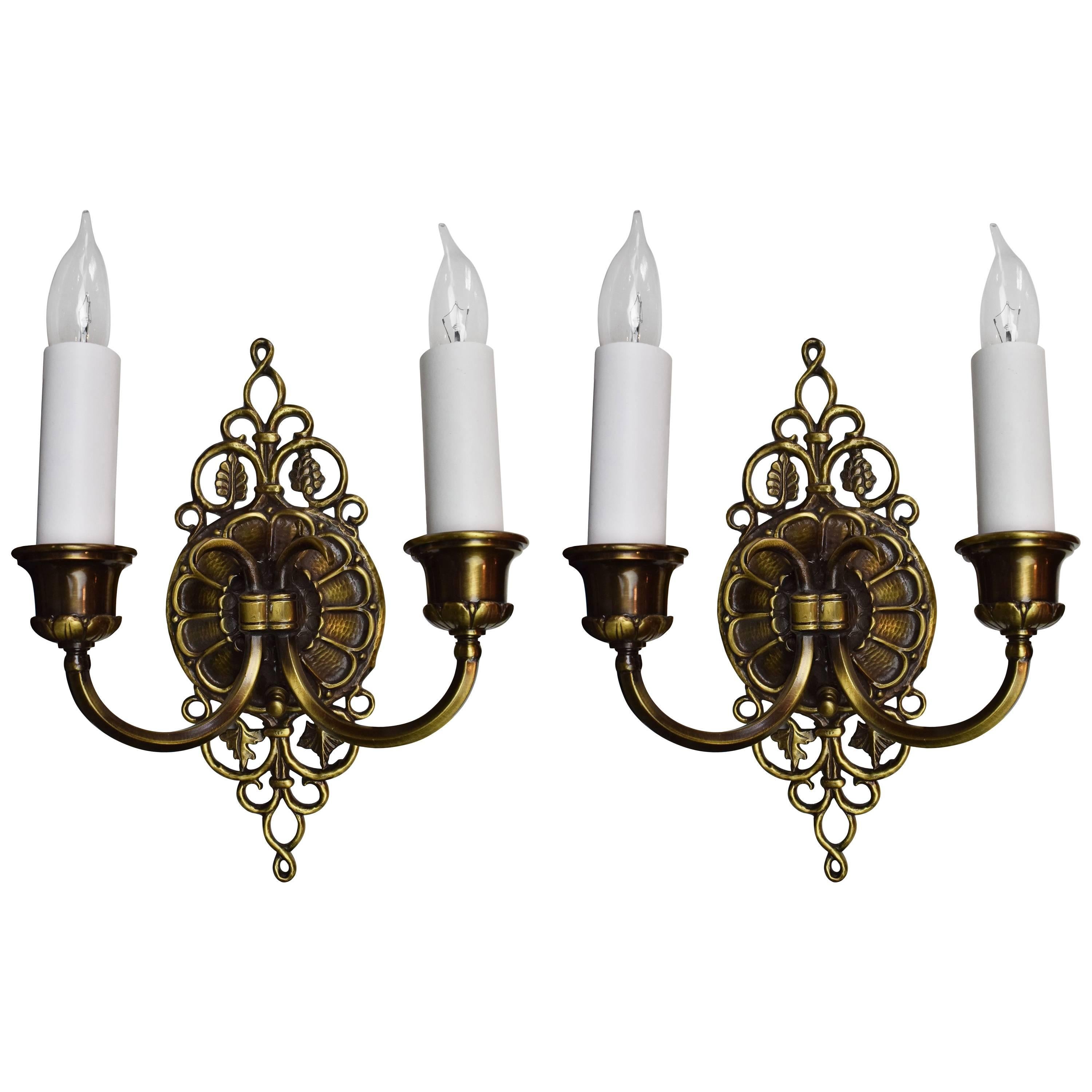 Pair of Cast Bronze Two Candle Signed Oscar Bach Sconce