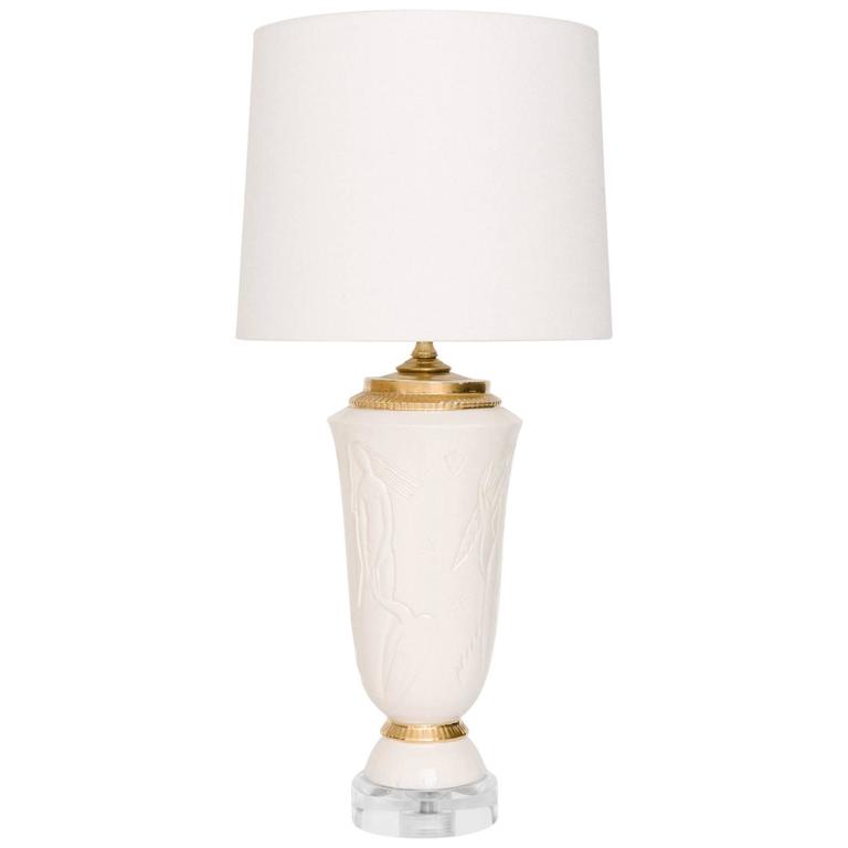 Signed Waylande Gregory White Ceramic Gold Gilt Lamp with White Linen Shade For Sale at 1stdibs
