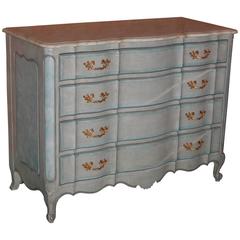 Louis XV Style Chest Drawers in Blue Painted Finish with Faux Marble Top, 1940s 1