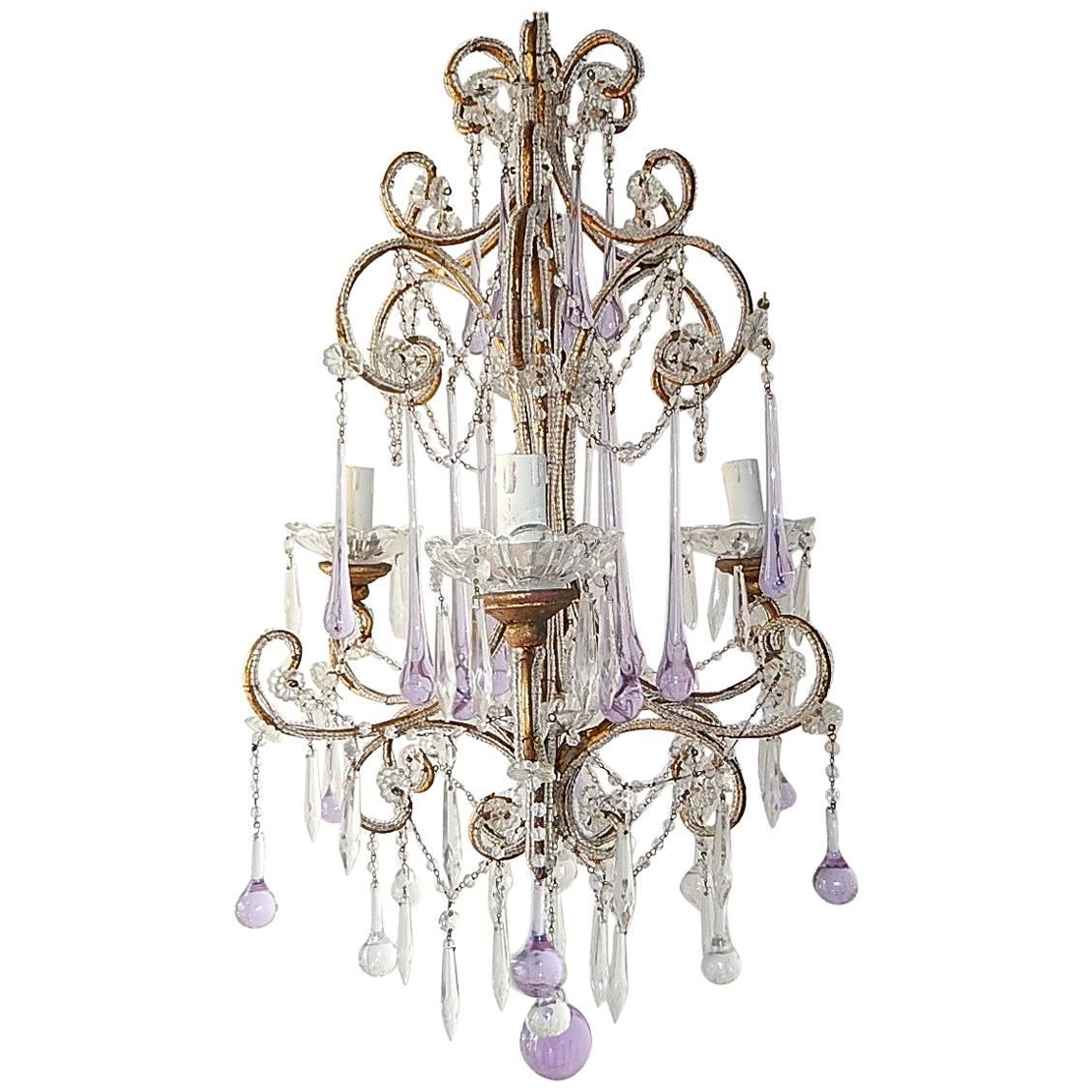 French Beaded Lavender Drops Chandelier, circa 1920