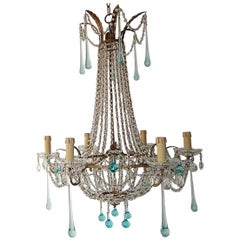 French Crystal Aqua Blue Drops Empire Chandelier, circa 1930