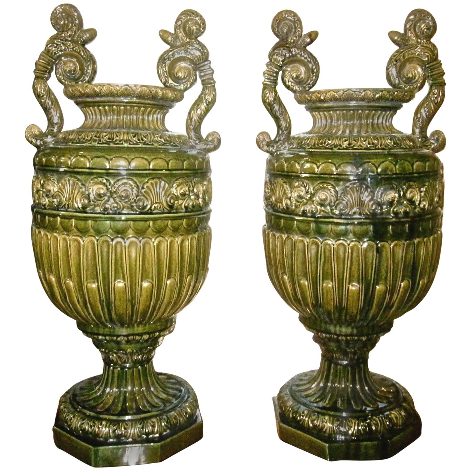 Pair of Impressive Majolica Urns by Jerome Massier Fils, Vallauris, France