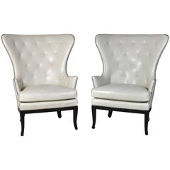 Vintage Pair of Edward Ferrell Fanback Leather Wing Chairs with Chrome Nailhead Trim