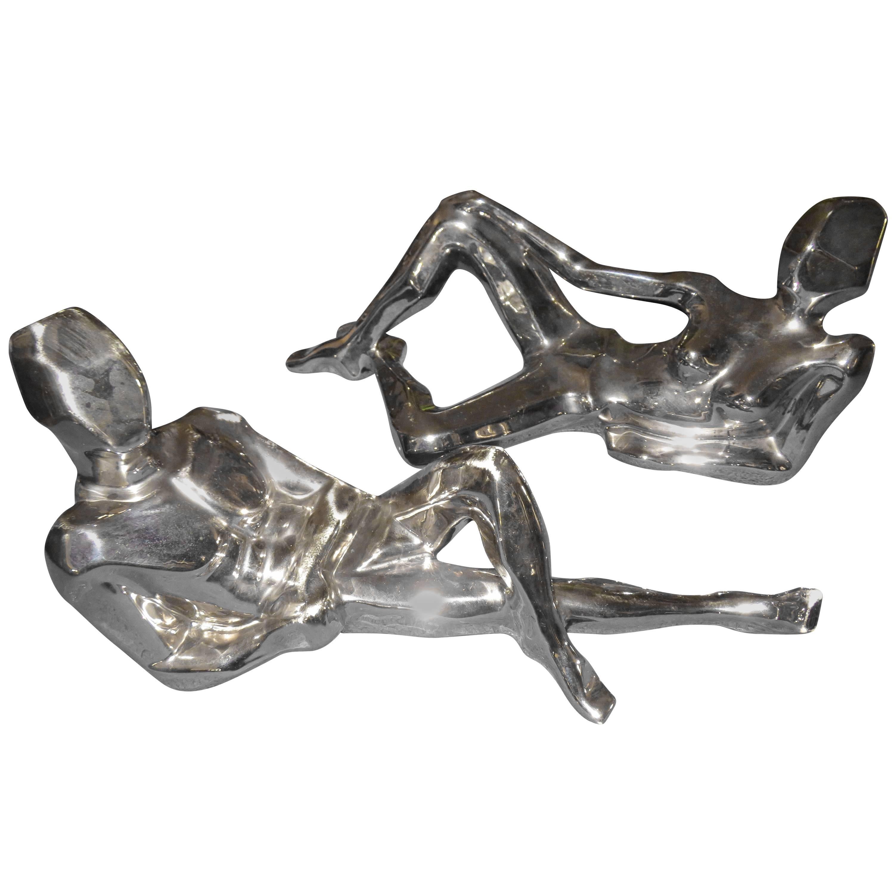 Spectacular Pair Silver Jaru Cubist Modern Nude Ceramic Sculptures Male Female For Sale