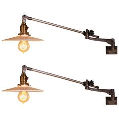Pair of Vintage Industrial Milk Glass O.C. White Wall Task Lamps, Lights Edison 1