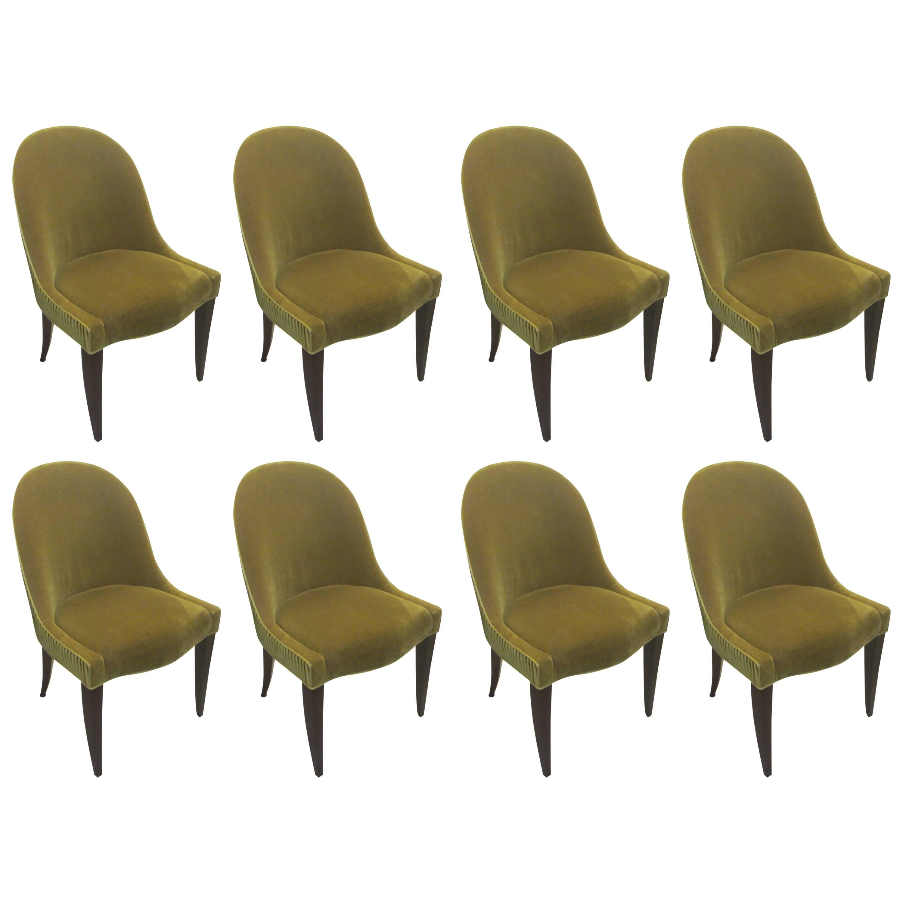Set of Eight Dining Room Chairs with Scooped Backs Upholstered in Mohair