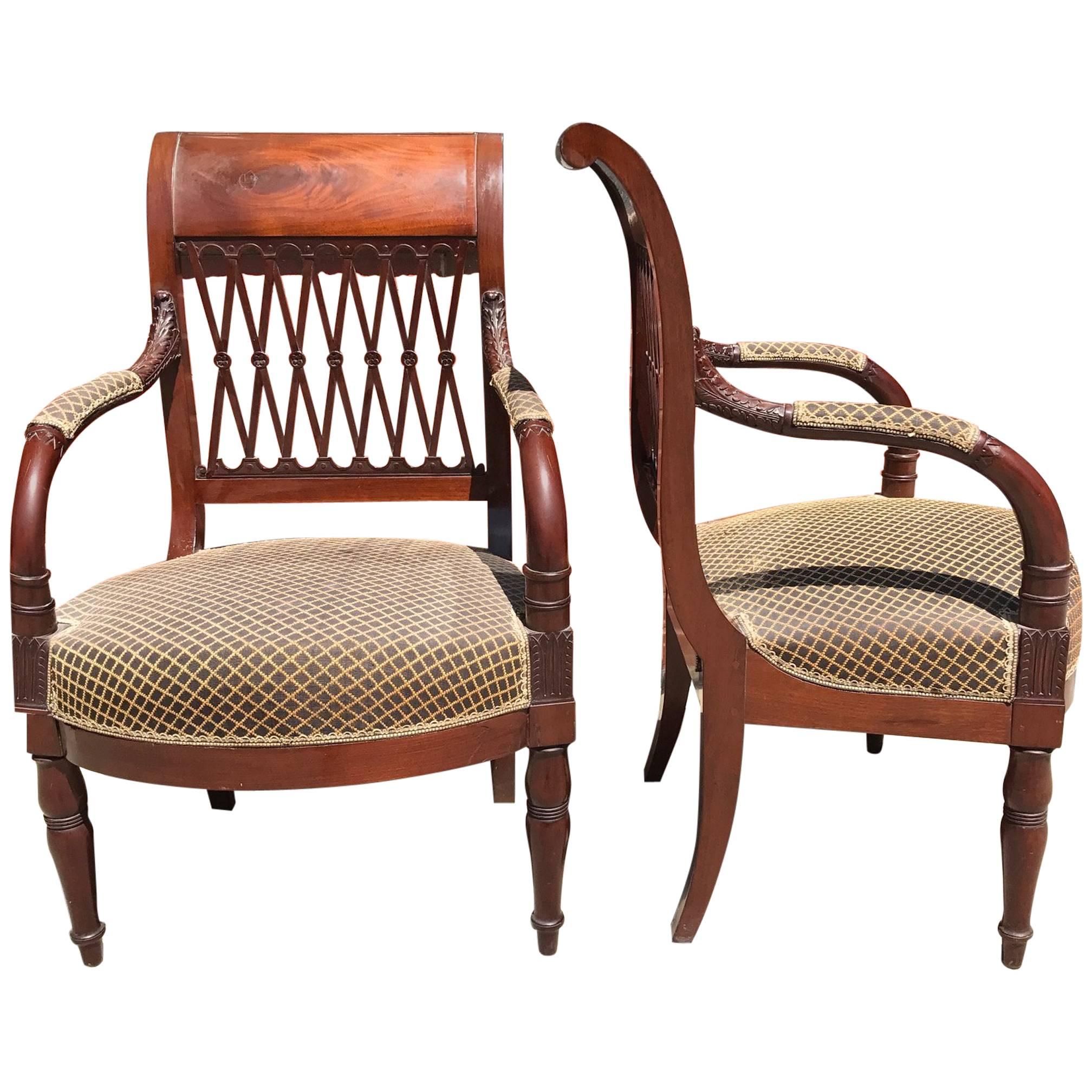 French Mahogany 18th Century Directoire Pair of Arm Chairs