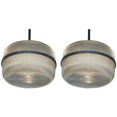 Pair of Cylinder Molded Glass Industrial Hanging Lights