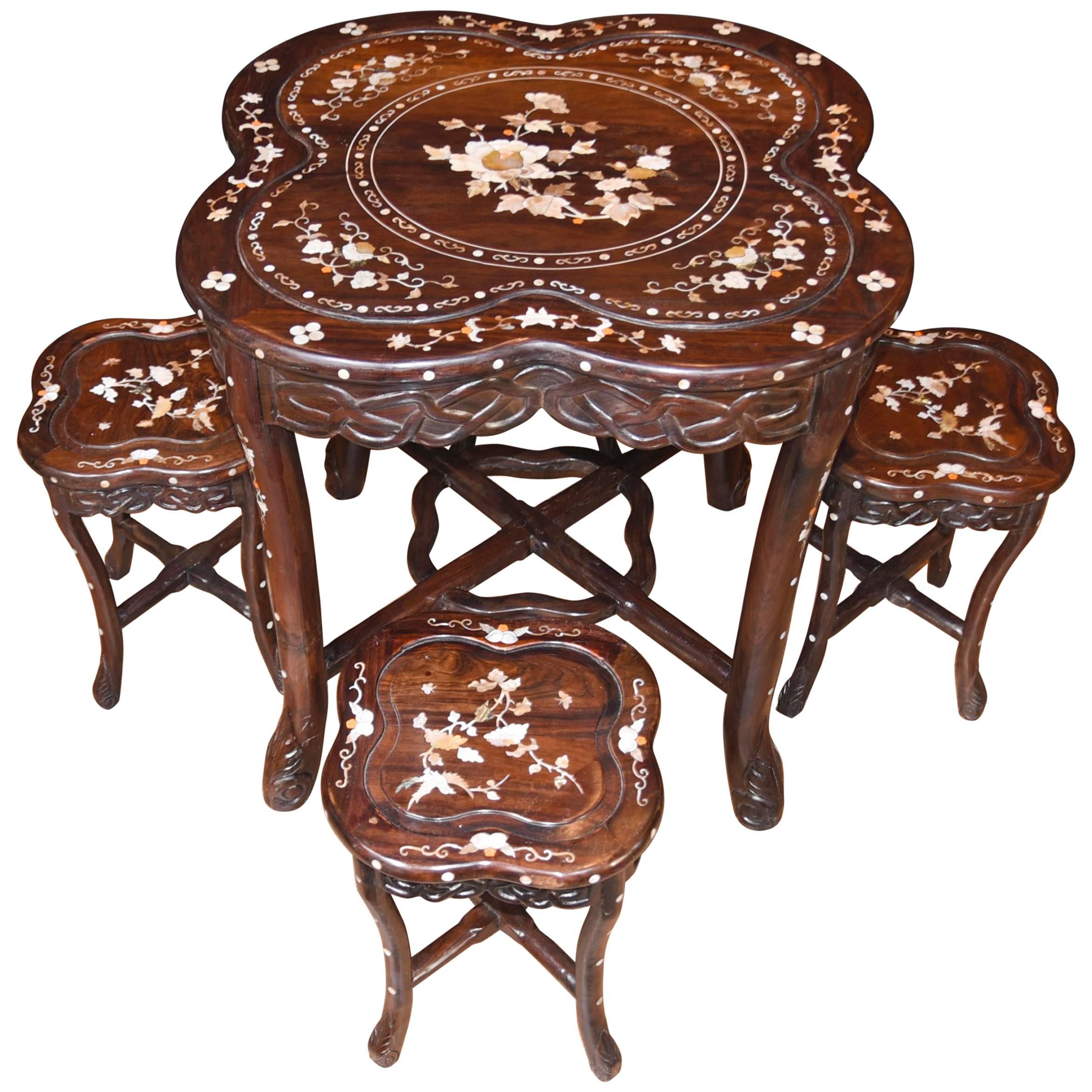 Antique Chinese Table Stool Dining Set Mother-of-Pearl Inlay Hardwood For Sale