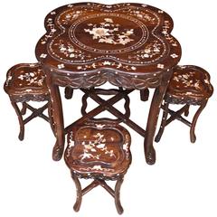 Antique Chinese Table Stool Dining Set Mother-of-Pearl Inlay Hardwood