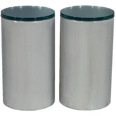 Pair of Cylindrical Brushed Chrome Metal and Glass End Tables
