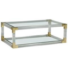 Modern Lucite, Brass and Glass Cocktail Table