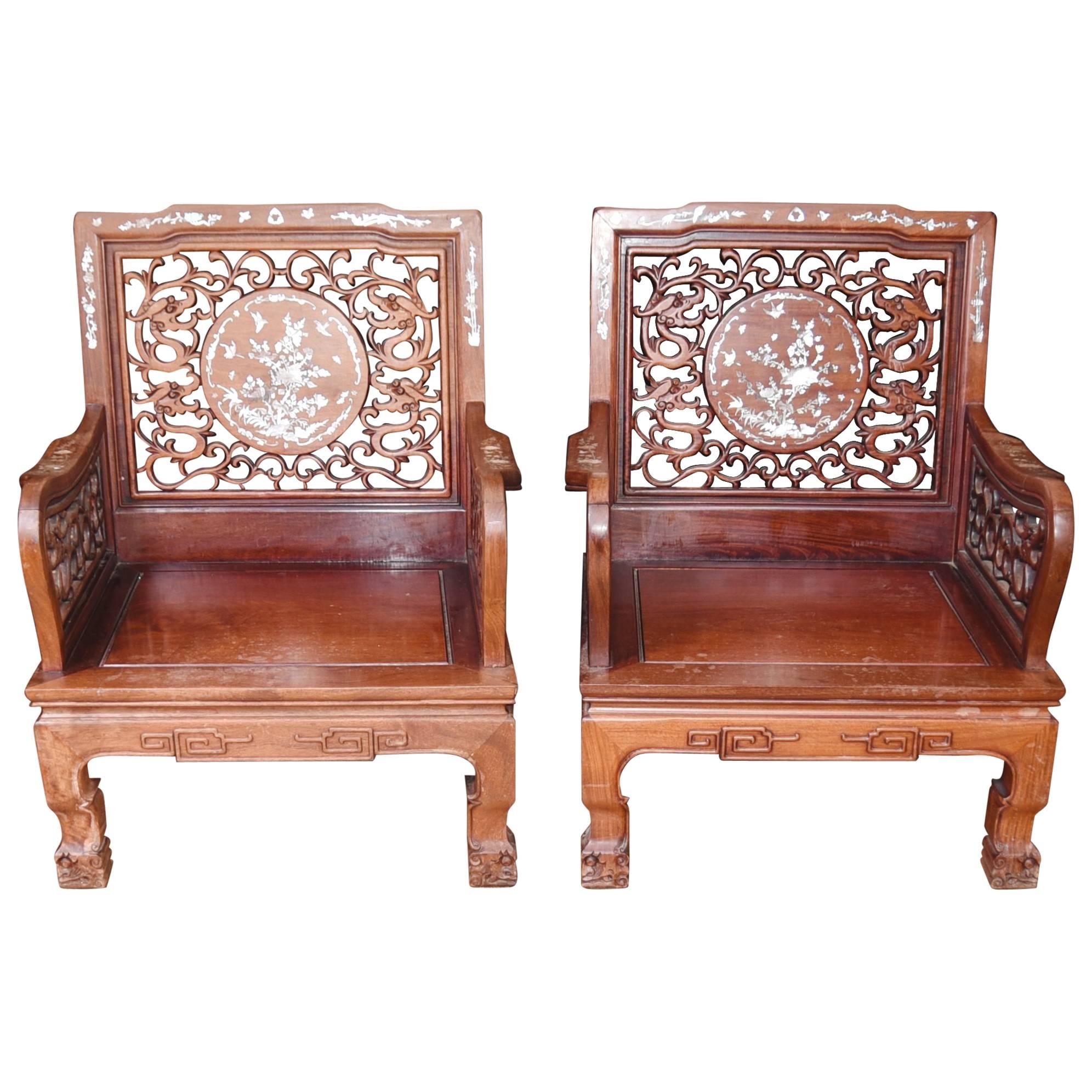 Pair of Antique Chinese Hardwood Armchairs Mother-of-Pearl Inlay Chair For Sale