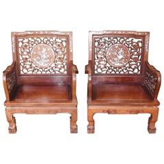 Pair of Antique Chinese Hardwood Armchairs Mother-of-Pearl Inlay Chair