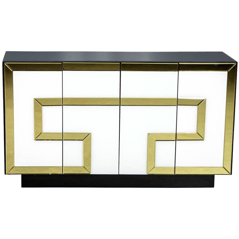 Chic Mirrored Glass Greek Key Cabinet