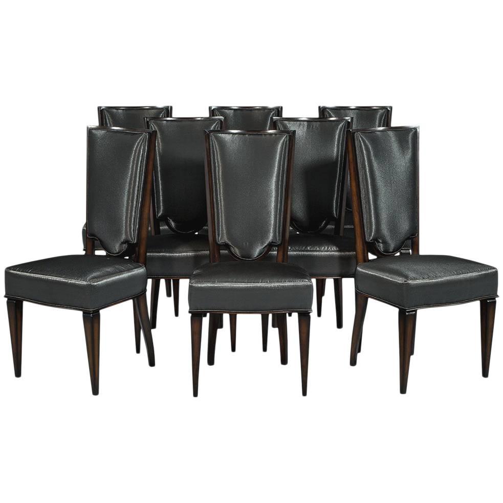 Set of Eight Deco High Back Dining Chairs in Gun Metal Fabric