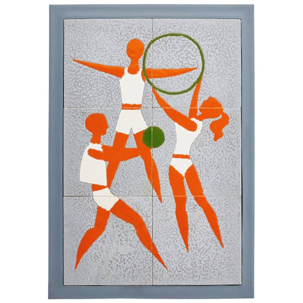 Hungarian Ceramic Tile Picture Depicting Athletes Made by Zsolnay, circa 1960